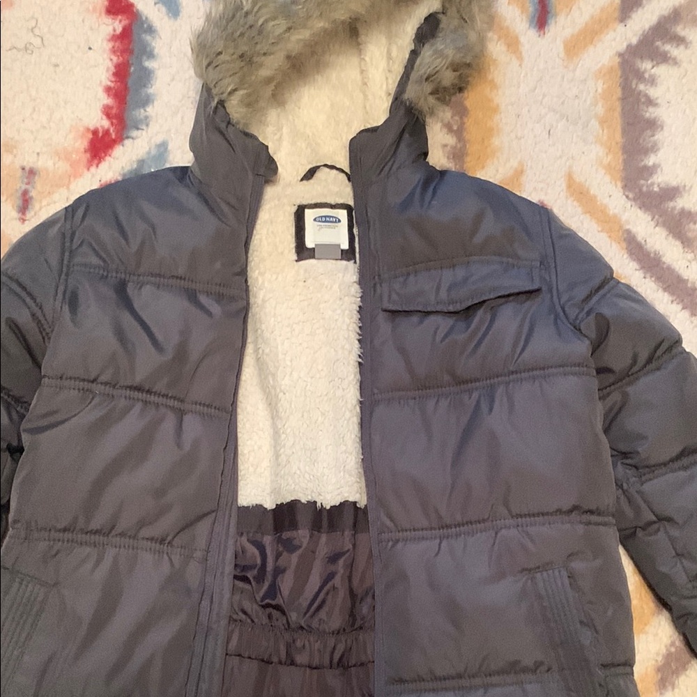 Old Navy Charcoal Puffer Jacket with Faux Fur Hood